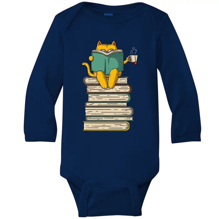 Reading Cat Funny Book & Tea Lover Gift Short Sleeve Baby Long Sleeve Bodysuit