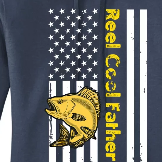 Reel Cool Father American Flag Fathers Day Fishing Gift Women's Pullover Hoodie