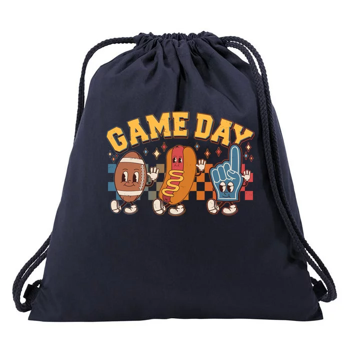 Retro Cartoon Football Game Day Drawstring Bag