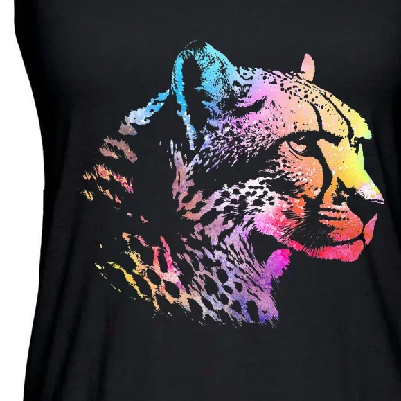 Rainbow Cheetah Face Wildlife Safari Zookeeper Zoologist Ladies Essential Flowy Tank