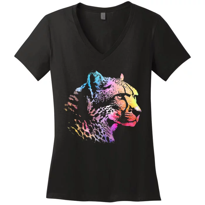 Rainbow Cheetah Face Wildlife Safari Zookeeper Zoologist Women's V-Neck T-Shirt