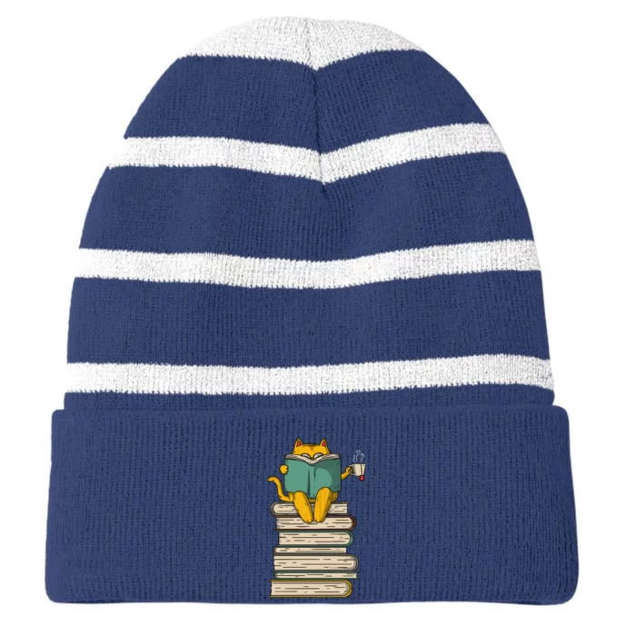 Reading Cat Funny Book & Tea Lover Gift Striped Beanie with Solid Band