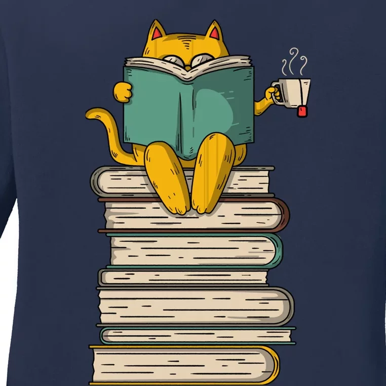 Reading Cat Funny Book & Tea Lover Gift Ladies Long Sleeve Shirt