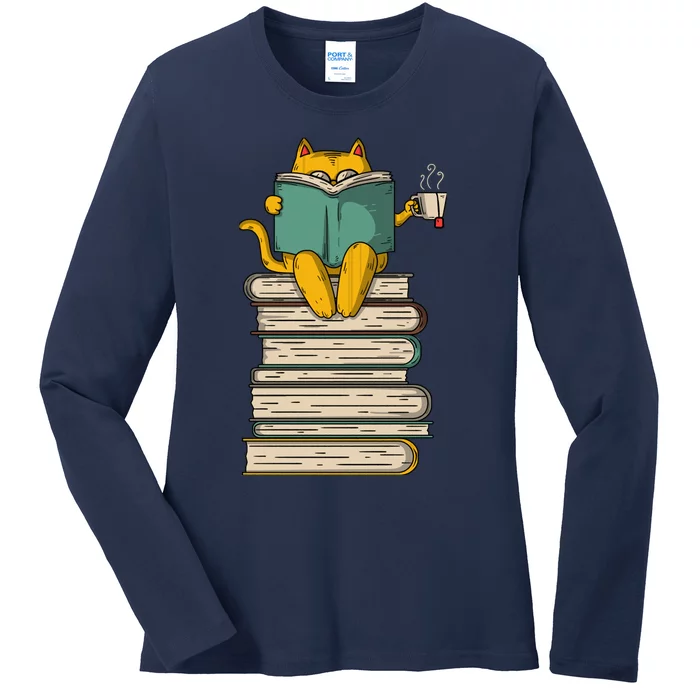 Reading Cat Funny Book & Tea Lover Gift Ladies Long Sleeve Shirt