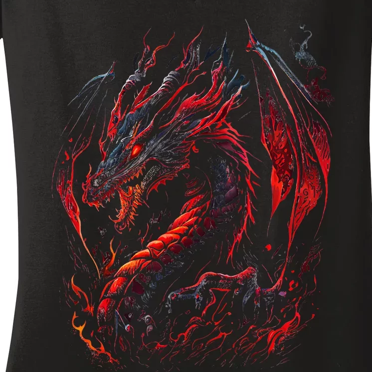 Red Chinese Firedrake Dragon Women's V-Neck T-Shirt