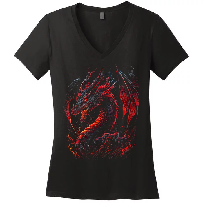 Red Chinese Firedrake Dragon Women's V-Neck T-Shirt