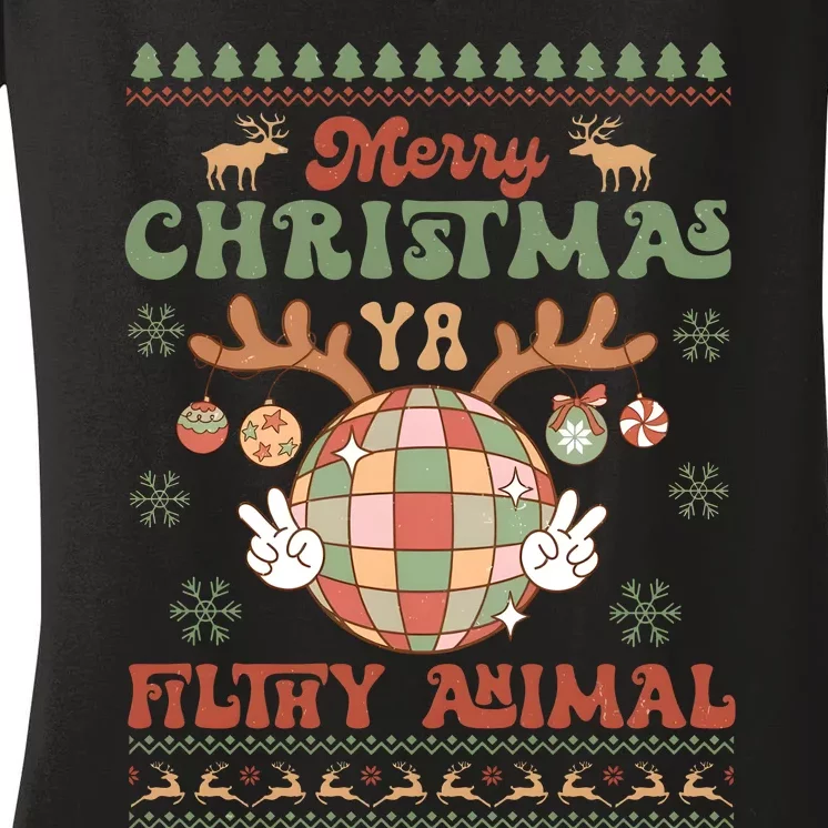 Retro Christmas Filthy Animal Reindeer Holiday Season Snowflake Women's V-Neck T-Shirt