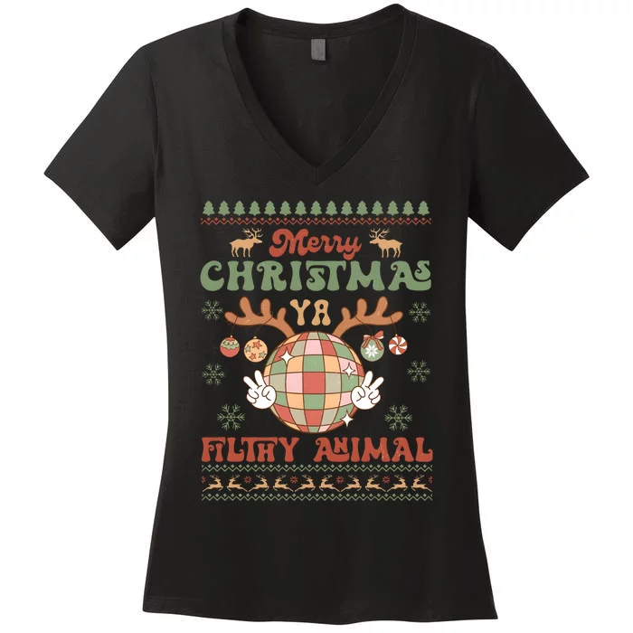 Retro Christmas Filthy Animal Reindeer Holiday Season Snowflake Women's V-Neck T-Shirt