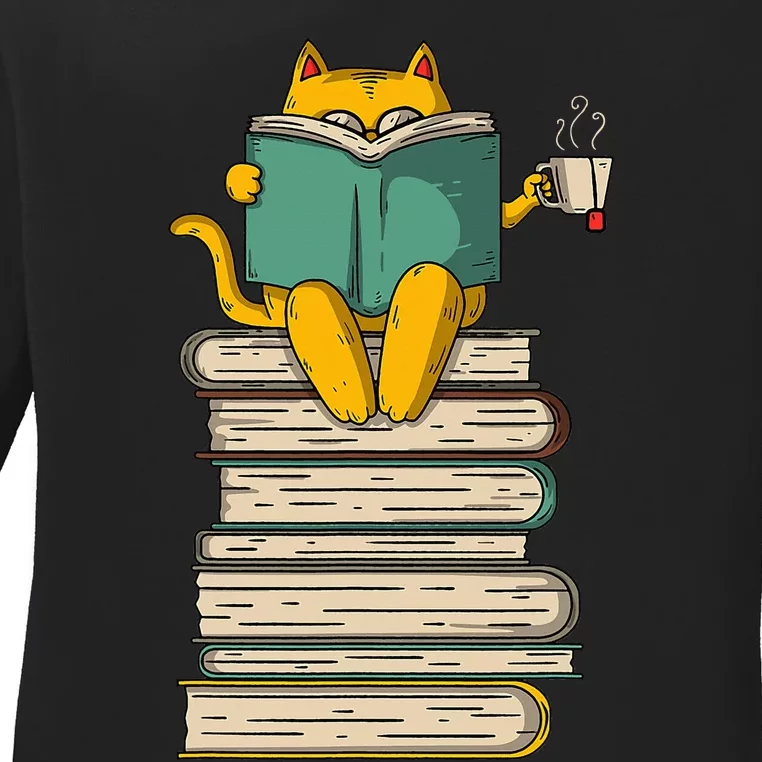 Reading Cat  Funny Book & Tea Lover Gift Ladies Long Sleeve Shirt