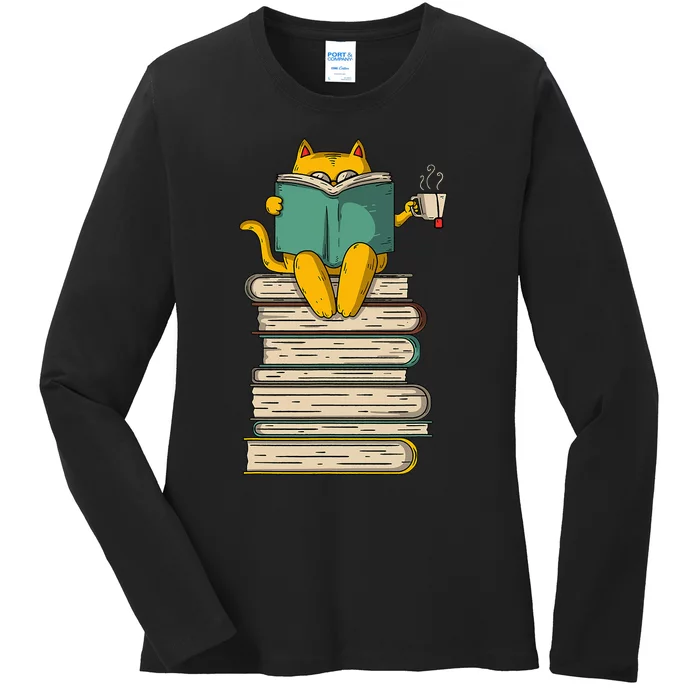 Reading Cat  Funny Book & Tea Lover Gift Ladies Long Sleeve Shirt