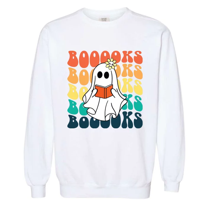 Retro Cute Ghost Book Reading Halloween Teacher Garment-Dyed Sweatshirt