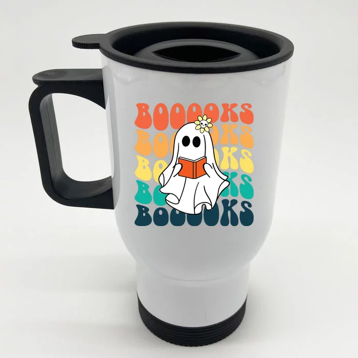 Retro Cute Ghost Book Reading Halloween Teacher Front & Back Stainless Steel Travel Mug