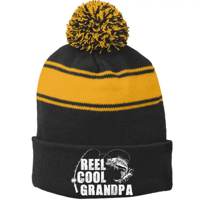 Reel Cool Grandpa Fishing Gift For Dad Or Grandpa Stripe Pom Pom Beanie