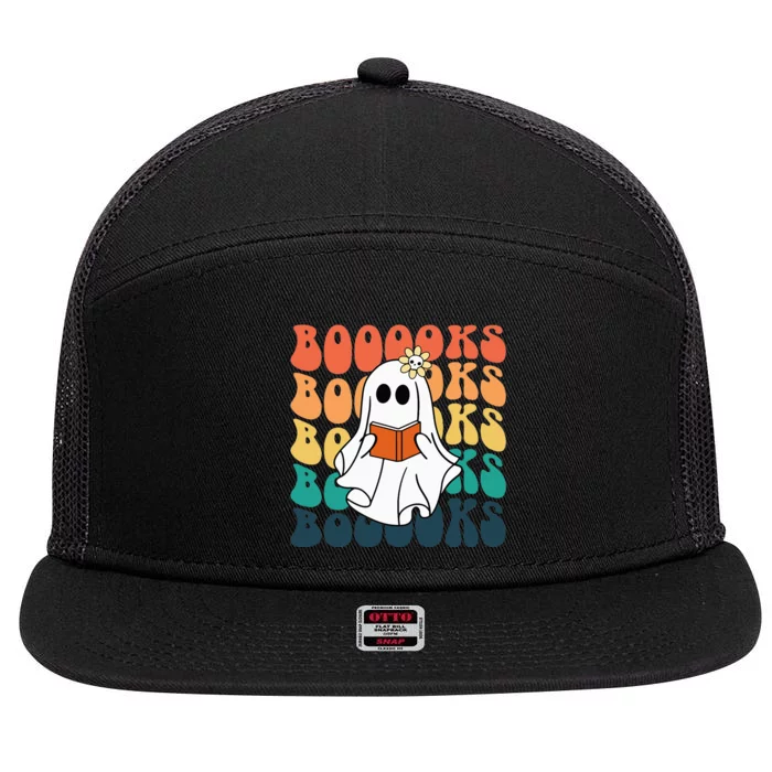 Retro Cute Ghost Book Reading Halloween Teacher 7 Panel Mesh Trucker Snapback Hat