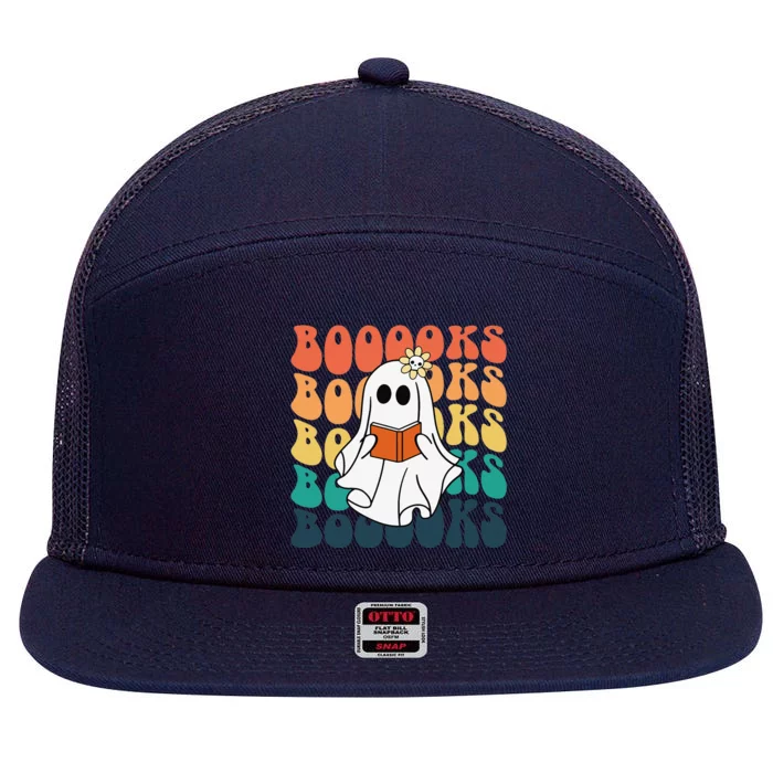 Retro Cute Ghost Book Reading Halloween Teacher Top 7 Panel Mesh Trucker Snapback Hat