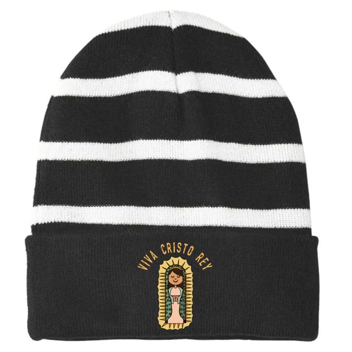 Roman Catholic Gift Our Lady Of Guadlupe Viva Cristo Rey Striped Beanie with Solid Band