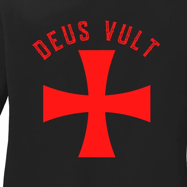 Roman Catholic Gift Deus Vult Crusader Cross Ladies Long Sleeve Shirt