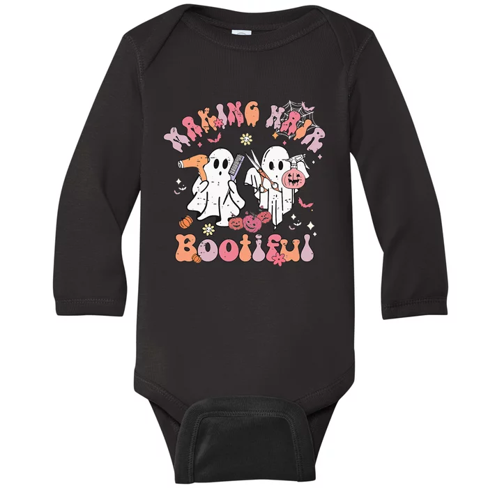 Retro Cute Ghost Halloween Hair Stylist Making Hair Bootiful Baby Long Sleeve Bodysuit