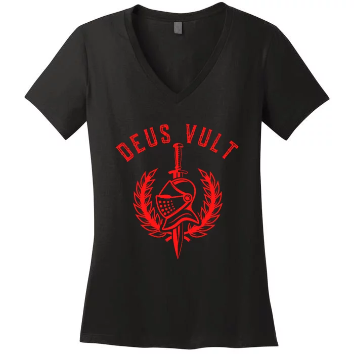 Roman Catholic Gift Deus Vult Crusader Women's V-Neck T-Shirt