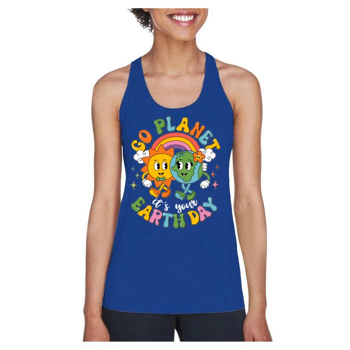 Retro Cartoon Go Planet Its Your Earth Day Women's Racerback Tank