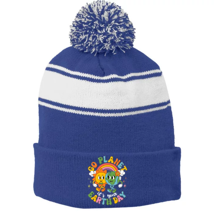 Retro Cartoon Go Planet Its Your Earth Day Stripe Pom Pom Beanie