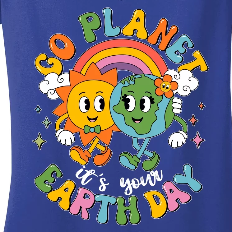 Retro Cartoon Go Planet Its Your Earth Day Women's V-Neck T-Shirt