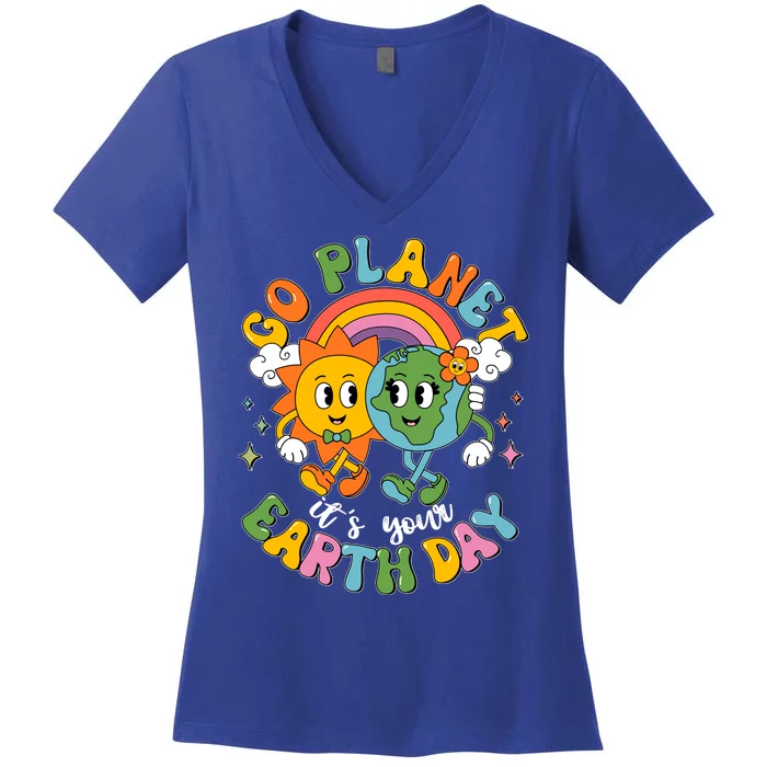 Retro Cartoon Go Planet Its Your Earth Day Women's V-Neck T-Shirt