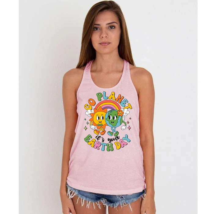 Retro Cartoon Go Planet Its Your Earth Day Women's Knotted Racerback Tank