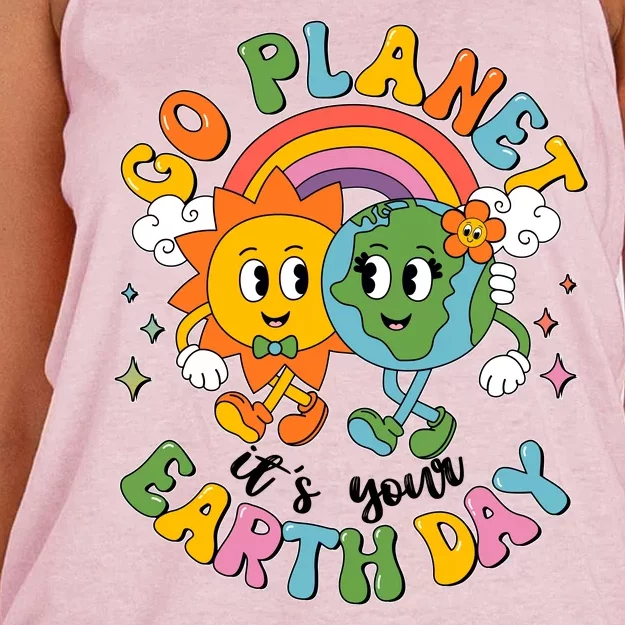 Retro Cartoon Go Planet Its Your Earth Day Women's Knotted Racerback Tank