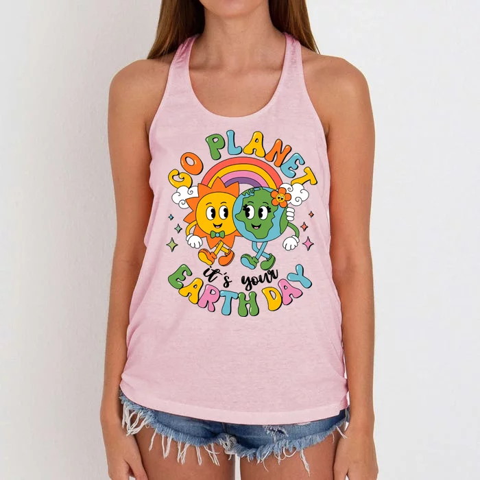 Retro Cartoon Go Planet Its Your Earth Day Women's Knotted Racerback Tank