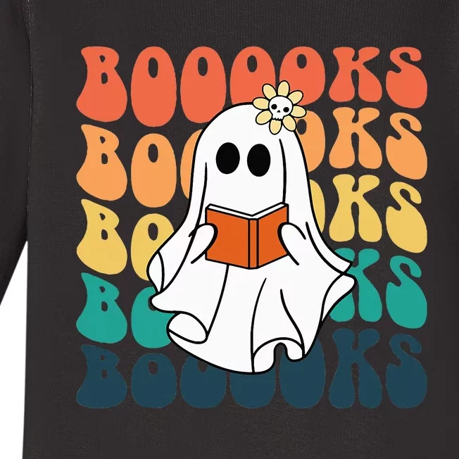 Retro Cute Ghost Book Reading Halloween Teacher Top Baby Long Sleeve Bodysuit