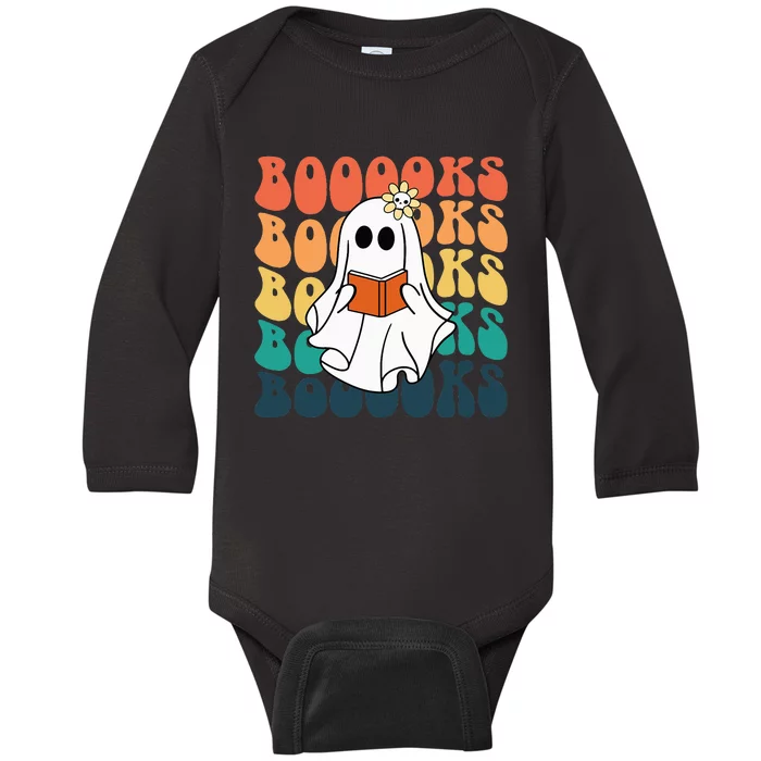 Retro Cute Ghost Book Reading Halloween Teacher Top Baby Long Sleeve Bodysuit