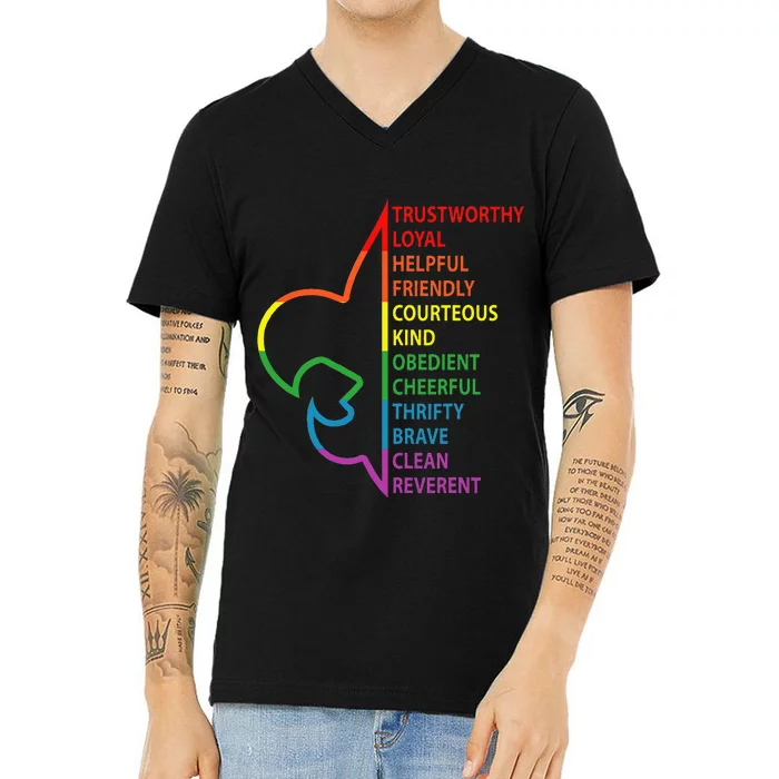 Rainbow Colorful Graphic Scout Law V-Neck T-Shirt