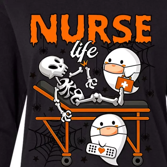 Retro Cute Ghost Boo Nurse Life Skeleton Halloween Costume Gift Womens Cotton Relaxed Long Sleeve T-Shirt