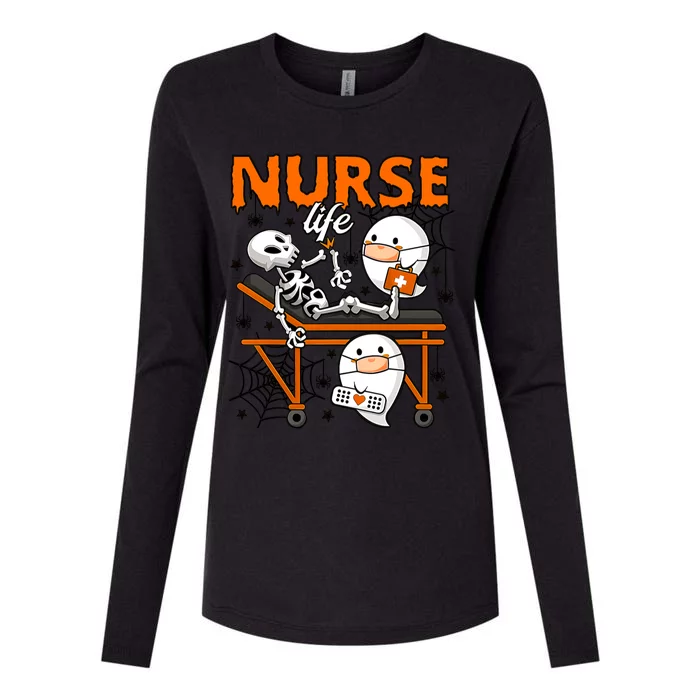 Retro Cute Ghost Boo Nurse Life Skeleton Halloween Costume Gift Womens Cotton Relaxed Long Sleeve T-Shirt