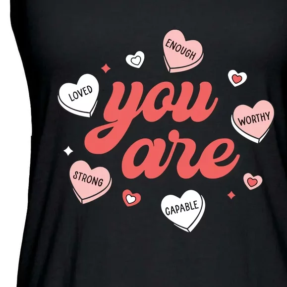 Retro Candy Heart Teacher Valentines Day You Are Enough Ladies Essential Flowy Tank