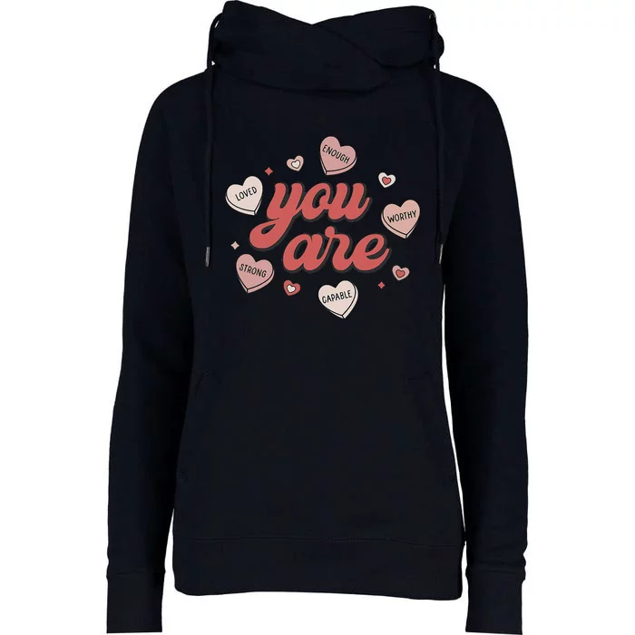 Retro Candy Heart Teacher Day You Are Enough Womens Funnel Neck Pullover Hood