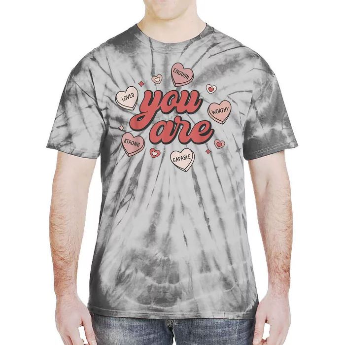 Retro Candy Heart Teacher Valentines Day You Are Enough Tie-Dye T-Shirt