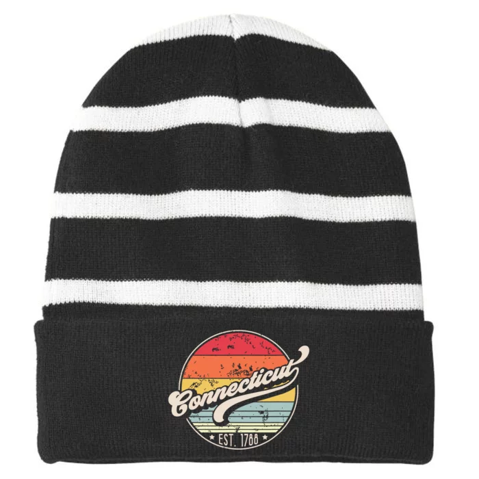 Retro Connecticut Home State Ct Cool 70s Style Sunset Striped Beanie with Solid Band