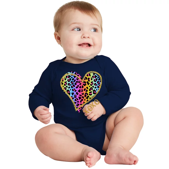 Rainbow Cheetah Heart Xoxo Baby Long Sleeve Bodysuit