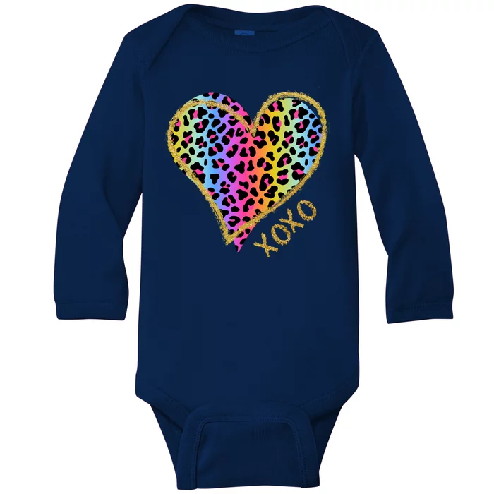 Rainbow Cheetah Heart Xoxo Baby Long Sleeve Bodysuit