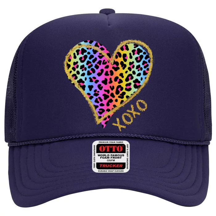 Rainbow Cheetah Heart Xoxo High Crown Mesh Trucker Hat