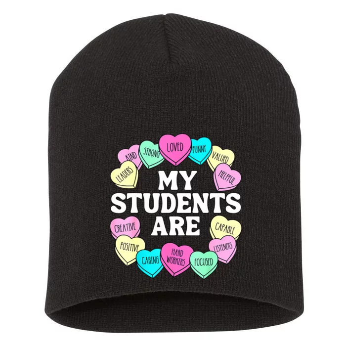 Retro Candy Heart Teacher Valentine's Positive Affirmation Short Acrylic Beanie