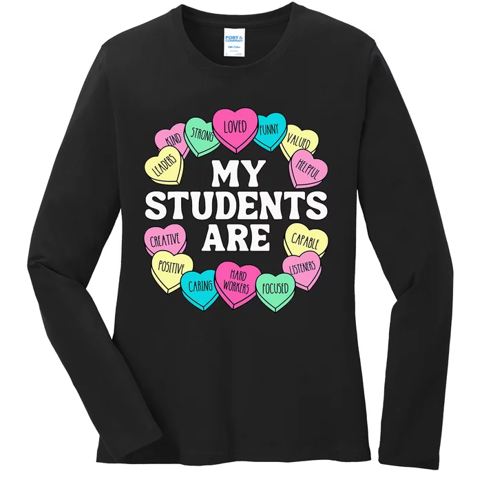 Retro Candy Heart Teacher Valentine's Positive Affirmation Ladies Long Sleeve Shirt