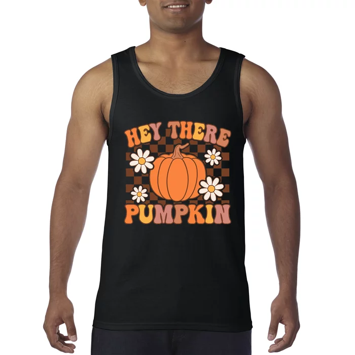 Retro Checkered Hey There Pumpkin Happy Fall Thanksgiving Tank Top