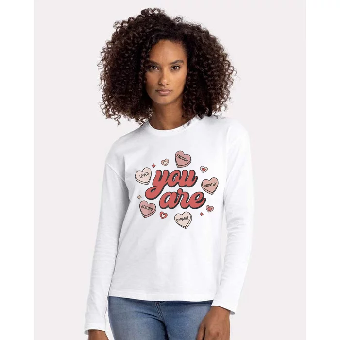 Retro Candy Heart Teacher Valentine's Day You Are Enough Womens Cotton Relaxed Long Sleeve T-Shirt