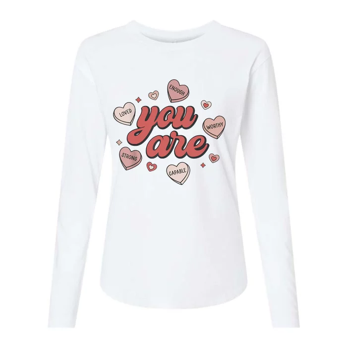 Retro Candy Heart Teacher Valentine's Day You Are Enough Womens Cotton Relaxed Long Sleeve T-Shirt