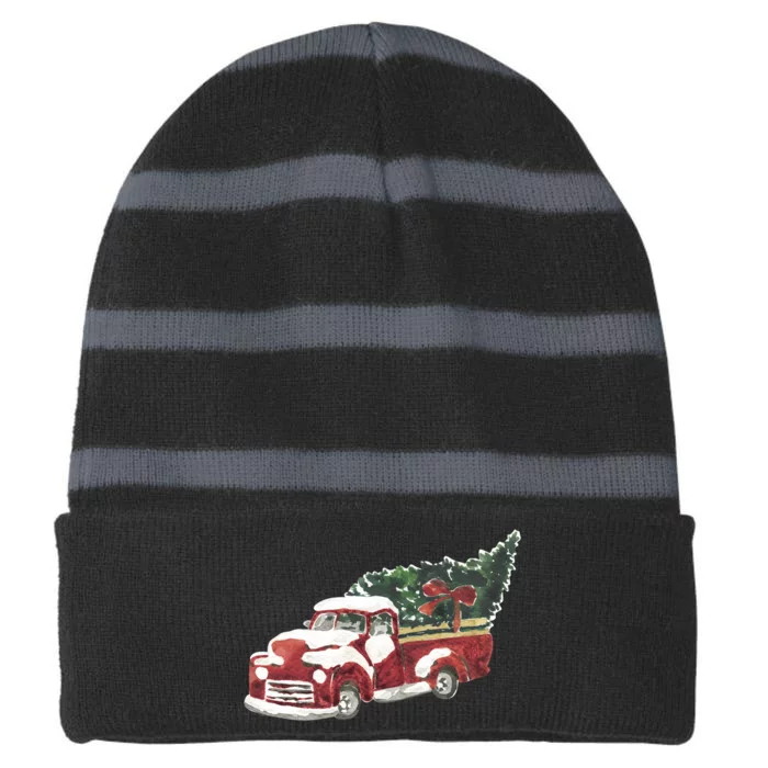 Retro Christmas Holiday Truck Striped Beanie with Solid Band