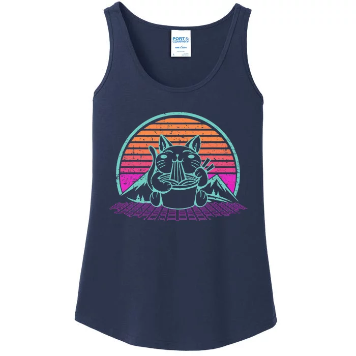 Ra Cat Japanese Kitten Retro Vintage Sunset Retrowave Ladies Essential Tank