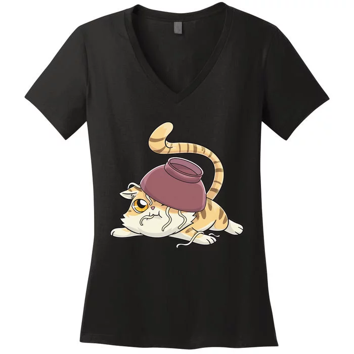 Ramen Cat Kawaii Anime Japanese Funny Women's V-Neck T-Shirt